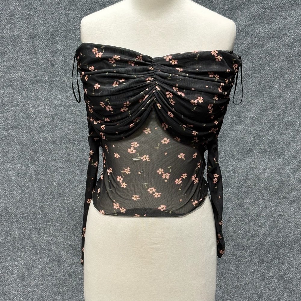 AFRM Blouse Womens XS Black Floral Off Shoulder Ruched Sheer Mesh Cropped Top